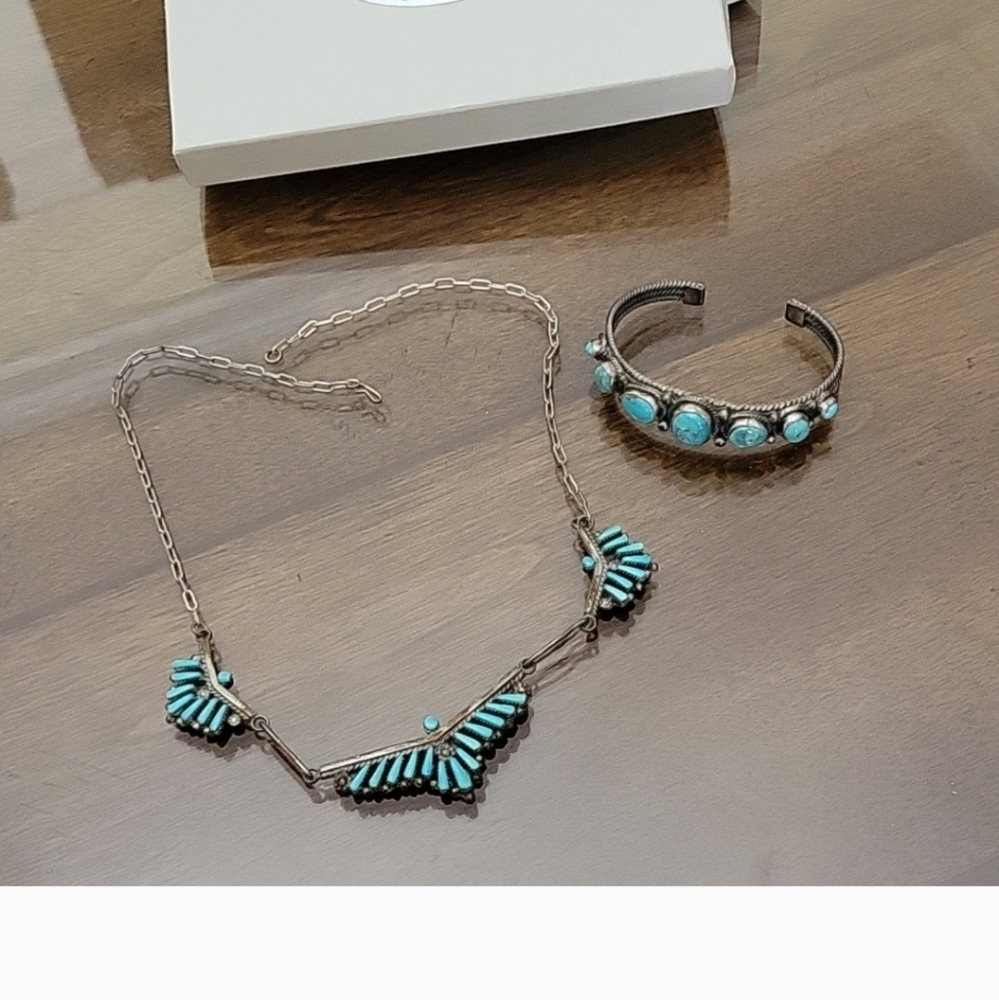 Southwestern Turquoise Fan Design Necklace and Cuff Bracelet Set